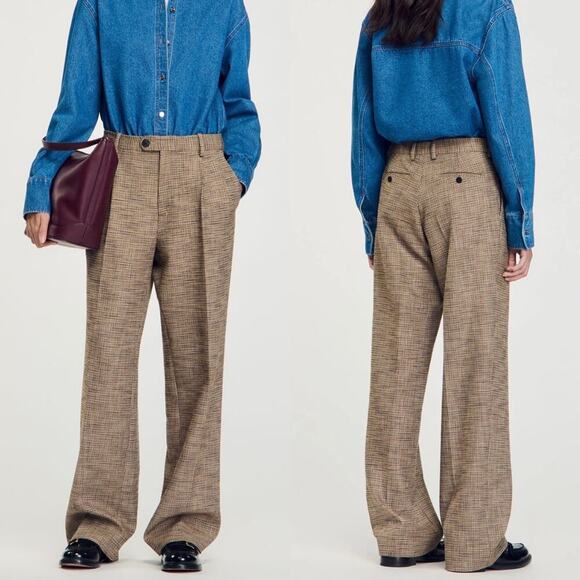 NWT Sandro Micro Houndstooth Trousers - Brown - Size 6 (38) - Picture 1 of 8